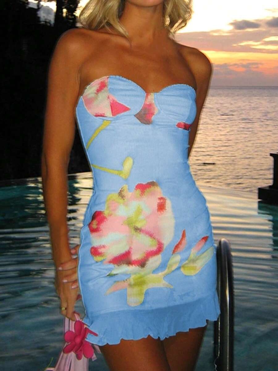 Women Vacation Floral Print Cropped Tube Dress - Blue - View 1