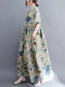 女士休闲印花A字长连衣裙，带口袋和短袖，优雅V领宽松梭织连衣裙 - 彩色 - 查看 2