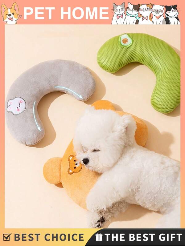 [3 Stück] Süße Cartoon-Stickerei U-förmiges Haustier-Kissen für schlafende Katzen & Hunde - atmungsaktives 3D-Sandwich-Mesh-Nackenstützkissen (27cm x 17cm x 6cm/74g) beruhigendes Hunde- und Katzen-Kissen, weiches und flauschiges Hunde-Bett-Kissen, U-förmiges Angsthilfe-Hunde-Nackenkissen