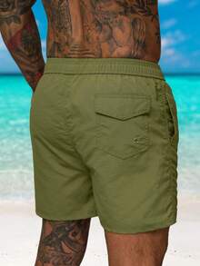 Men's Casual Solid Color Drawstring Waist Beach Shorts, Breathable - Army Green - View 4
