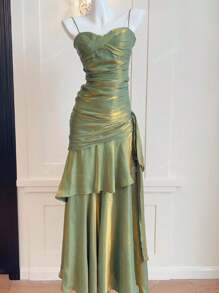 Vestido de fiesta de graduación con cintura estrecha perlada para mujer, con tirantes de espagueti, volantes, vestido de dama de honor para boda, vestido formal para fiesta y cóctel