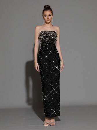 One Piece Black Bandage Basic Style Elegant Party Romantic Party Sexy Heavy Industry Knitted Fabric Pearl Rhinestone Beads Women's Formal Dinner Dress Evening Date Party Birthday Party Formal Dinner Guest Festival Music Festival Graduation Party Wedding, Gown