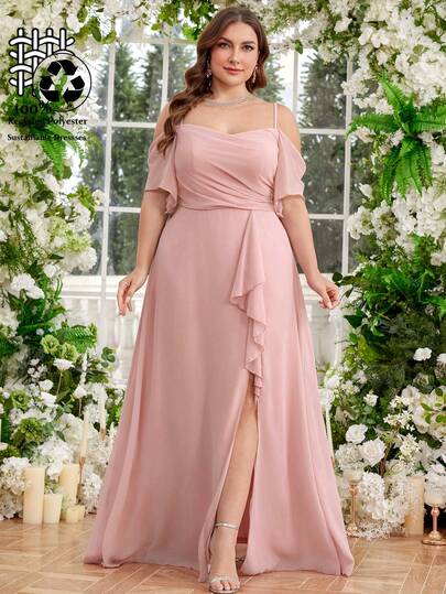  UNITHORSE 涤纶优雅加大码连衣裙，露肩带，束腰，花边装饰，伴娘礼服