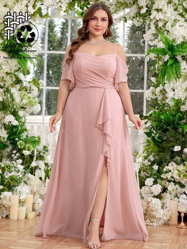UNITHORSE UNITHORSE Polyester elegantes Kleid mit schulterfreiem Träger, Taillenraffung und Blumen-Randverzierung, Brautjungfernkleid