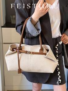 1pc Summer Straw Handbag, Beach Bag, Large Capacity Belt Buckle Design Tote Bag, Magnetic Snap Closure, Suitable For Girls, Women, College Students, Newlyweds And Office Ladies, Ideal For Work, Business, Commuting, School, Vacation And Other Occasions, Perfect For Summer, Vacation And Beach - Brown - View 8