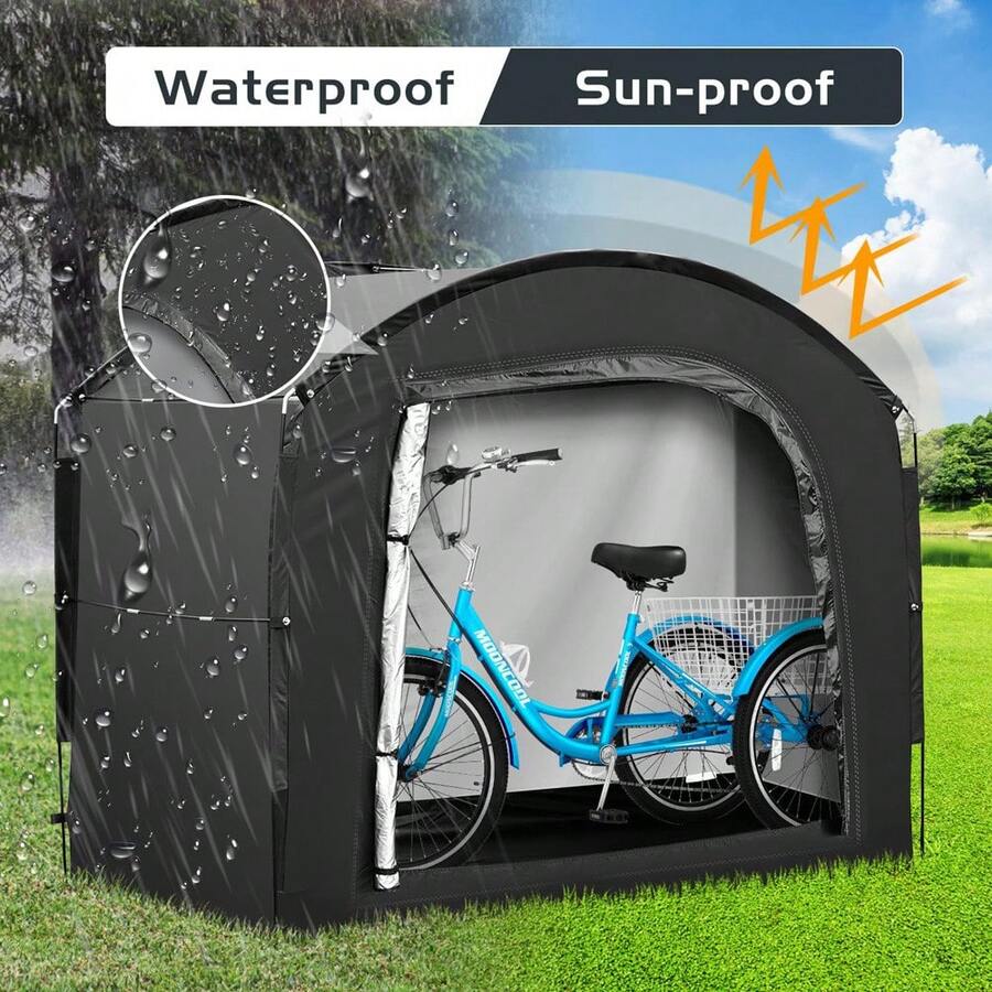 Bicycle Storage Shed Tent, Waterproof Portable Bike Cover For 3 Motorcycles Or 4 Bikes, Silver Coated 210D Easy Setup Outdoor Sheds Shelter For Motorcycle, Garden Tools, Lawn Mower - 黑色 - 查看 1