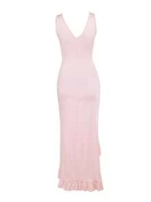 1pc Women's Elegant Fitted V-Neck Ruffle Trim Side Split Slip Dress - Pink - View 4
