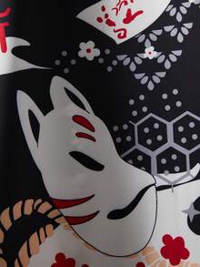 Japanese Style Vintage Loose 3/4 Sleeve Printed Kimono Cover Up, Summer Beach Vacation Swimwear Cover-Up, Lightweight Outerwear - Black - View 10