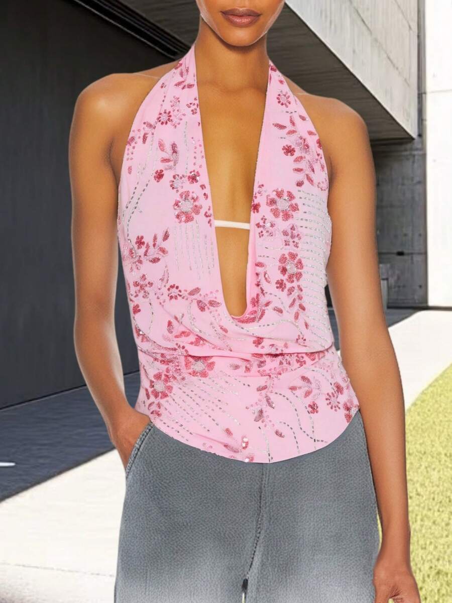 Women Y2k Halter Cowl Neck Tops Summer Vintage Sequins Beads Deep V Neck Sleeveless Backless Crop Tank Tops Sexy Elegant Going Out Vest Shirt Blouse Tops Party Club Streetwear Retro Aesthetic Clothes 90s - Pink - View 1
