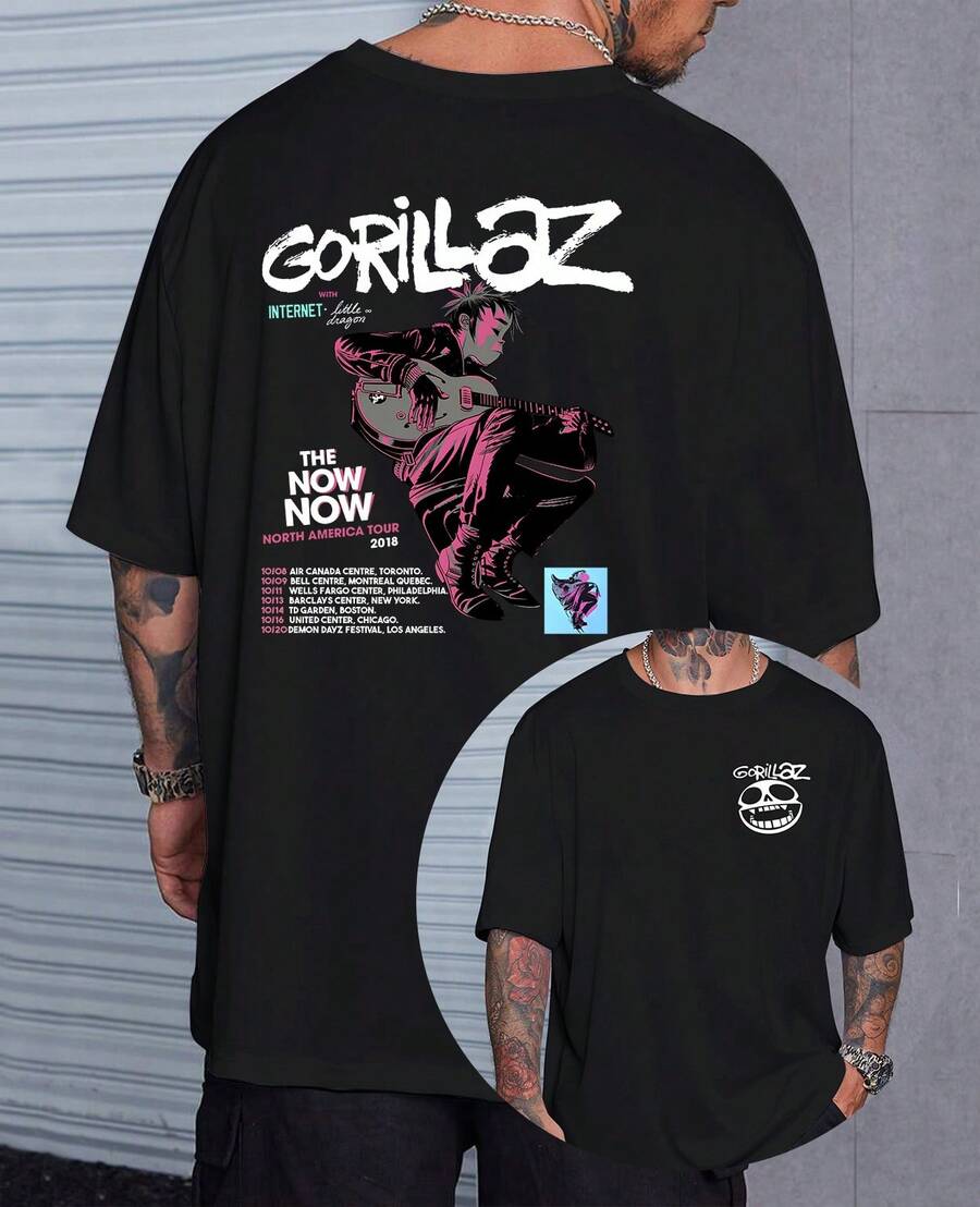 Gorilaz Banda Cartoon Rock Tour The Now North America Tracklist  T-Shirt - Black - View 1