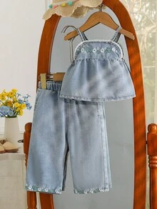 2pcs/Set Baby Girls Casual Cute Embroidered Ruffles Blouse & Matching Embroidered Pants Set