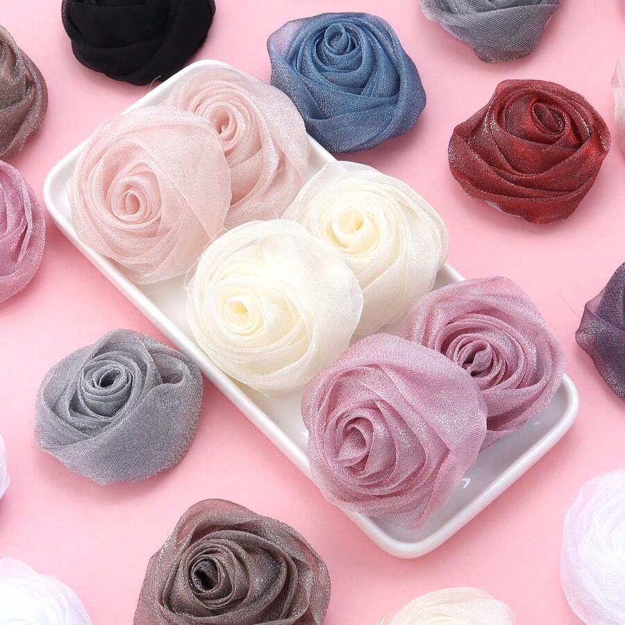 3 cái/gói 5cm Đồ trang trí nụ hoa hồng 3D Organza thủ công, Quần áo tự làm, Mũ, Trâm cài, Băng đô, Phụ kiện kẹp tóc, Váy phù dâu, Vòng đeo tay, Trang trí đám cưới, Đồ dùng cho bữa tiệc