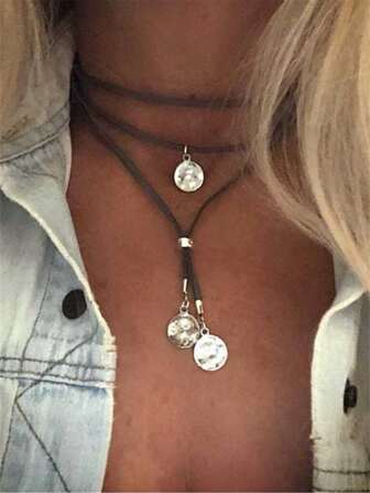 1pc Elegant Vintage Rope Layered Disc Pendant Necklace, Casual Daily/Holiday Party/Travel Jewelry Gift