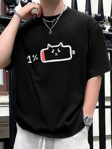 Battery 1% Cat Print Black Short Sleeve T-Shirt, Men's 220gsm New Summer Casual Crew Neck Pure Cotton Short Sleeve T-Shirt (1 Pc)