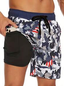 Men's Quick-Dry Drawstring Waist Double-Layer Flag 3D Print Shorts, Suitable For Sports, Outdoor, Vacation, Casual, Polyester Material - Multicolor - View 1