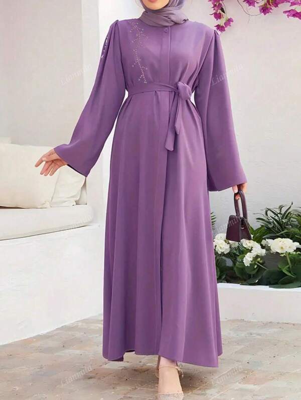 Women's Solid Color Single-Breasted Puffy Sleeve Elegant Arabic Style Long Dress,Modest