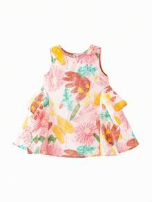 mini bala 女童纯棉连衣裙宝宝女孩甜美泡泡纱透气A字无袖艺术连衣裙 - 紅色調 - 查看 5