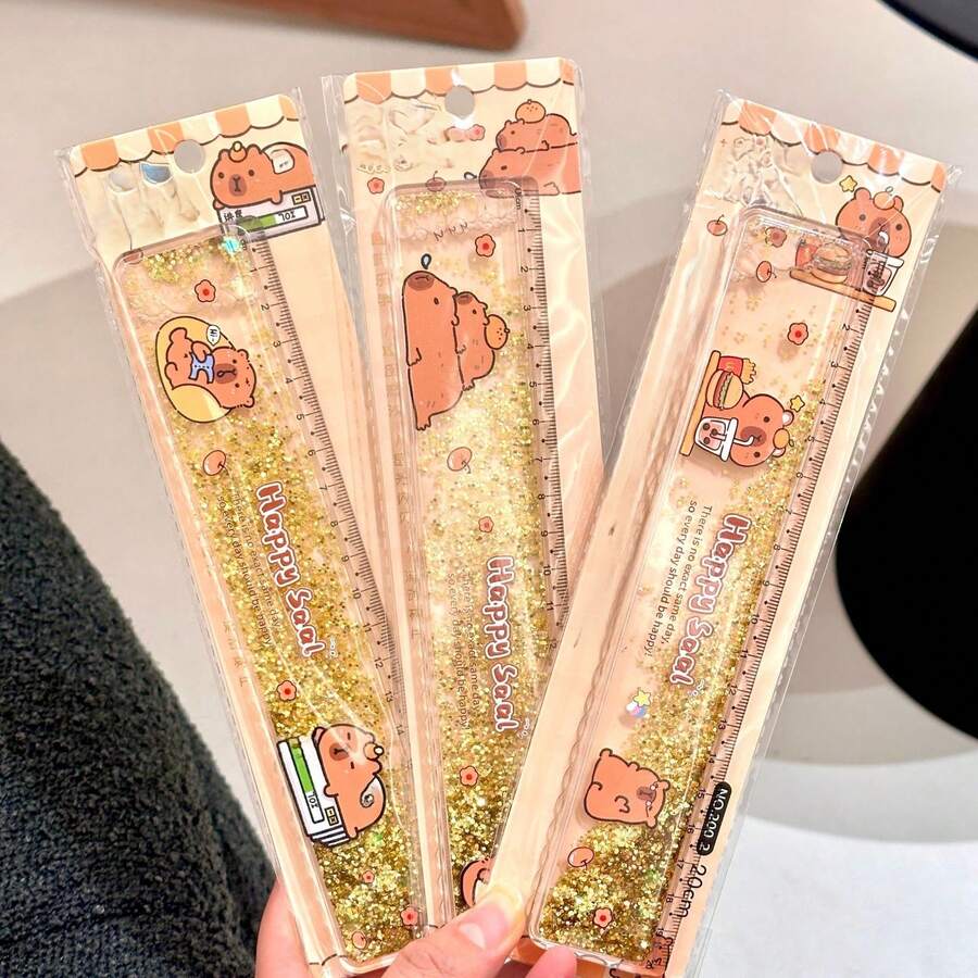1pc Capybara Liquid Quicksand Folding Ruler, 20cm Student Exam Use Straight Ruler, Stationery, Non-Specified Color,School Supplies,Back To School,Rulers - Clear - View 1