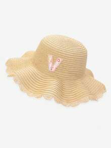 1pc Kids Ditsy Floral & 26 Letter Personalized Straw Sun Hat, 1pc Lace Trim Straw Hat For Girls To Wear Outdoors, Picnics, Beach, Vacation - Beige - View 8