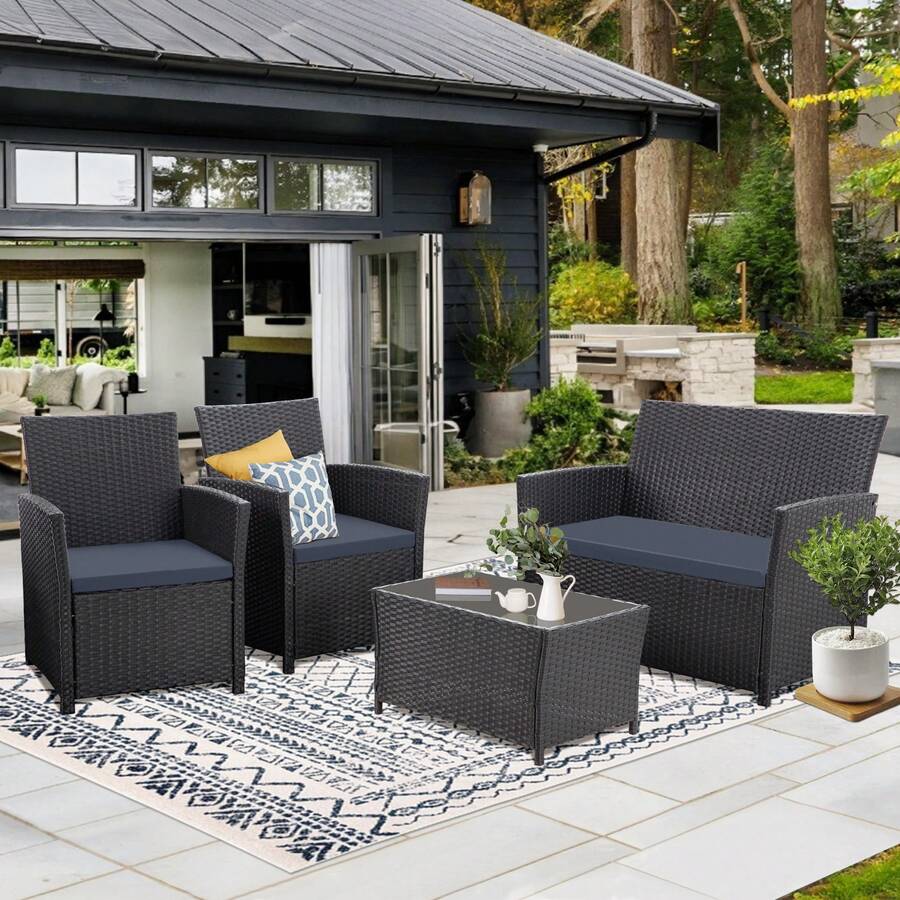 Four -Piece Courtyard Set, With Cushions And Coffee Tables, Outdoor Leisure Dialogue Sofa Combinations, Suitable For Gardens, Terraces, Etc., Home Or Commercial Places - 黑藍 - 查看 1
