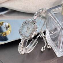 1 pièce Montre à quartz analogique de petite taille pour femme avec double rang de cristaux, chaîne de tirage, échelle numérique arabe, à la mode