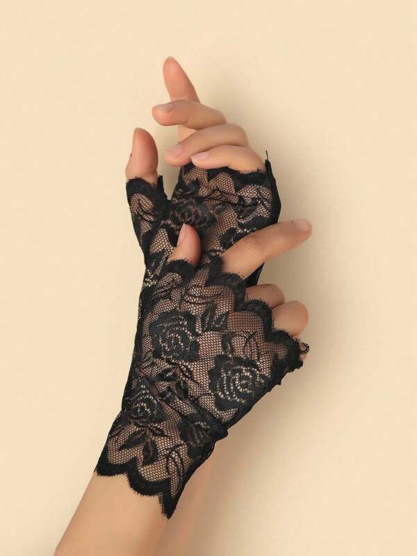 1 paire de gants courts mi-doigts en dentelle avec protection solaire pour femmes. Gants de longueur poignet élégants, parfaits pour les mariages, événements et fêtes.