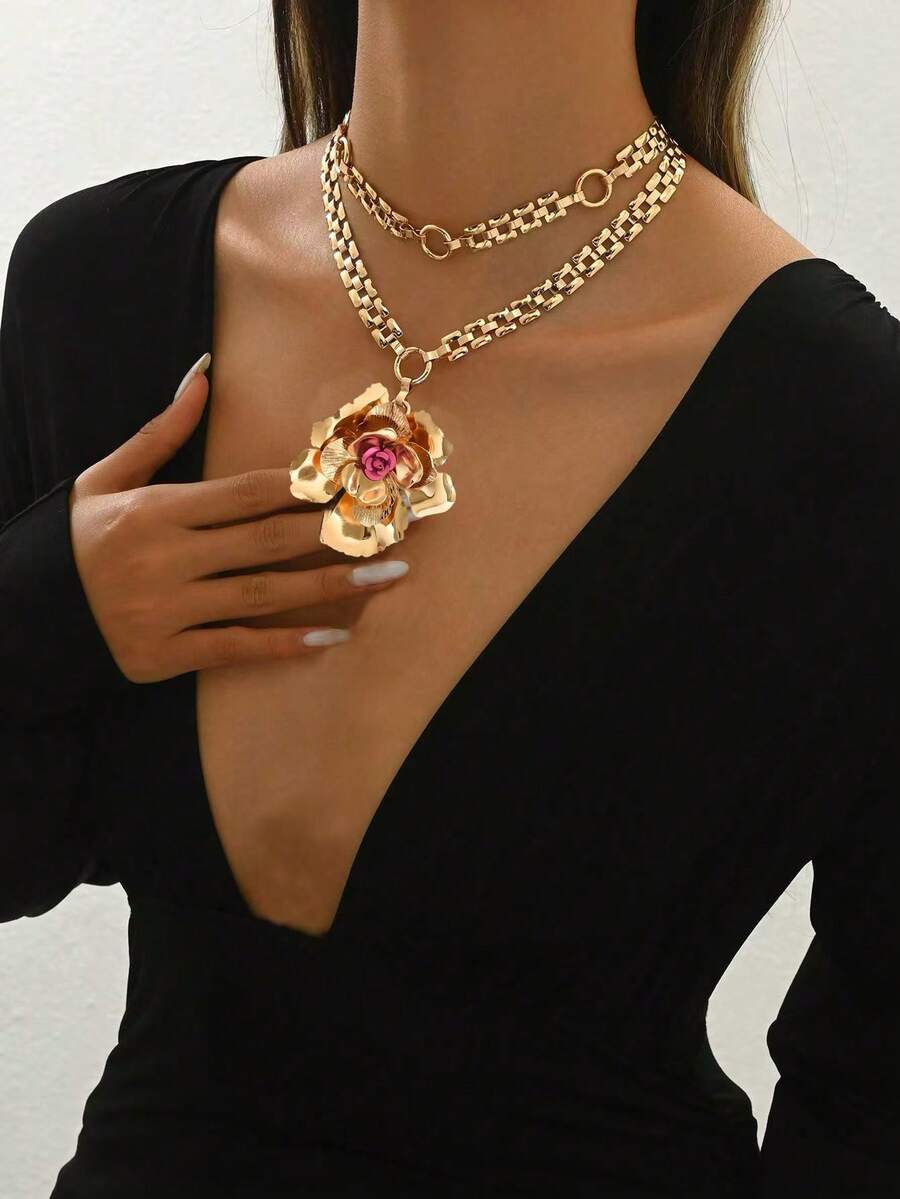 1pc New Creative Heart Patchwork Fashion Versatile Personalized European And American Multi-Layer Chain Necklace - Yellow Gold - View 1