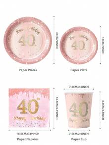 Set de 40 piezas de platos, servilletas y vasos de color rosa y dorado para fiesta de 40 cumpleaños, sirve a 25 invitados, vajilla desechable de papel para cumpleaños, boda, fiesta familiar, picnic - Multicolor - Ver 2