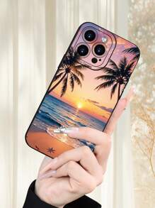 Summer Phone Case Iphone1pc Beautiful Sunset Beach Printed 2D Pattern Creative High-End Casual Vacation Sunset Beach Aesthetics Style Suitable For Sending To Elders, Friends, Family, Couples, Yourself Birthday Gifts, Holiday Gifts, Black Frosted Soft Case With Full Protection Against Dust And Water, Compatible With IPhone16/15/14/13/12/11/Pro/ProMax/X/XR/XS/XSMAX/7/8/PLUS And Models