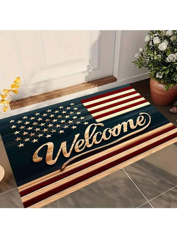 1pc American Flag Welcome Doormat, Patriotic Striped Design Carpets, Indoor And Outdoor Rugs, Suitable For Yard, Garden, Front Door, Independence Day Home Decor Anti-Slip Machine Washable Entry Mat, Independence Day Decor Rug