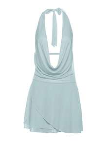 Solid Color Halter Neck Deep V-Neck Backless Sexy Asymmetrical Sheer Dress - Mint Blue - View 4