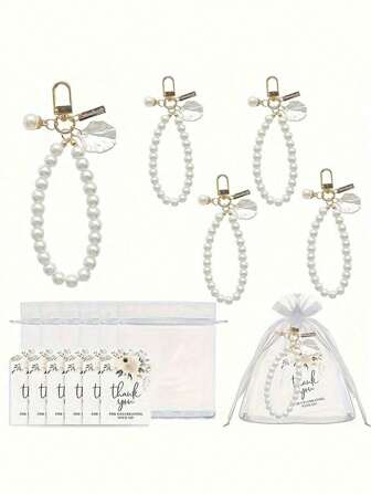 Set van 2/15 elegante sleutelhangers met schelpen en parels, inclusief 5 sleutelhangers, 5 bedankkaartjes en 5 witte gaaszakjes - perfect als cadeau voor bruiden, verjaardagen en bruiloften