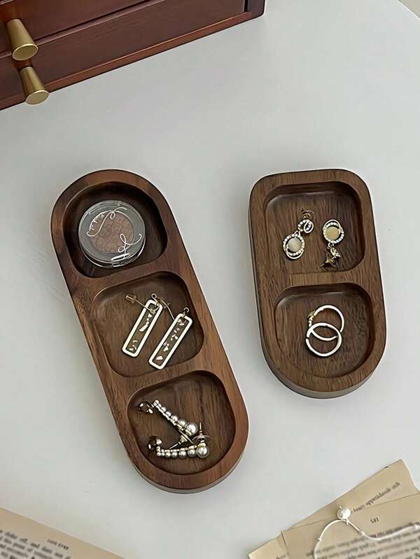 2 piezas Organizador de bandeja de madera vintage con compartimentos, soporte para exhibición de joyas y decoración de escritorio para la entrada, llaves, accesorios