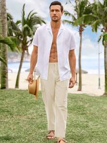 Runcati Mens Linen Cargo Pants Lightweight Elastic Waist Drawstring Casual Loose Summer Vacation Beach Yoga Pants With Pockets - Beige - View 6