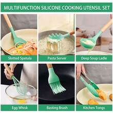 12pcs Silicone Kitchen Utensils Set - Non-Stick Silicone With Wooden Handles Heat Resistant Cooking Utensils Set-Kitchen Accessories- Perfect Gifts For Holidays Gifts-Green - Green - View 6
