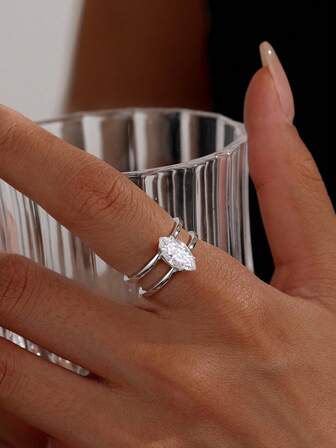 1 Pc S925 Sterling Silver Rhodium Plated, Inlaid With 2ct Marquise 5A+ Zirconia, High Quality, Exquisite, Engagement Ring, Suitable For Gift/Date/Bride/Proposal/Wedding