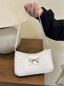Bolso de hombro en forma de media luna elegante para mujeres, de moda informal y elegante, bolso axilar de unicolor - Blanco - Ver 14