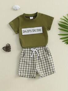 Baby Boy Shorts Set Letter Patch Embroidered Short Sleeve T-Shirts Plaid Elastic Waist Shorts 2 Piece Outfit - 綠色 - 查看 7