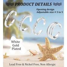 AVYRING 4PCS Toe Rings, White Gold Plated Toe Rings For Women Hug CZ Triple Twist Simple Band Open Toe Rings Beach Foot Jewelry Adjustable