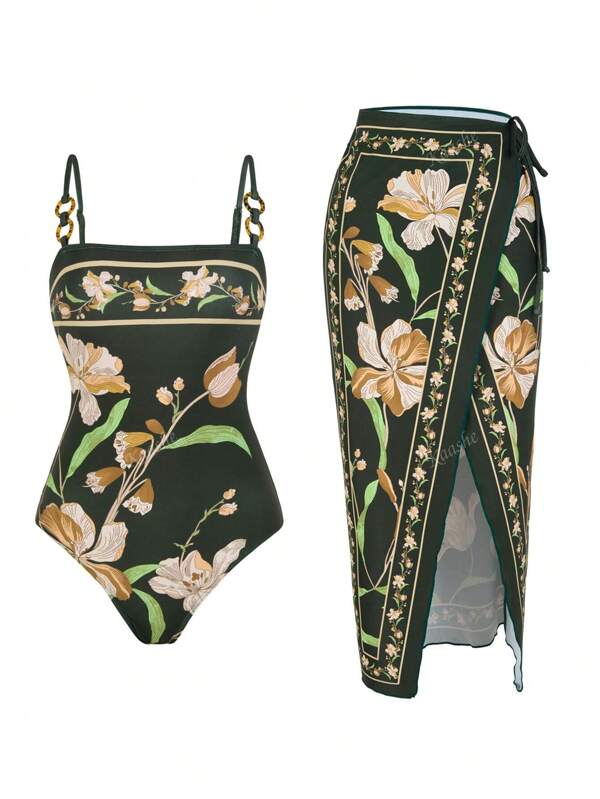 Summer, Beach, Vacation Sexy One-Piece Swimsuit With Wrap Skirt Set, Modest Tummy-Covering European & American Style Beachwear
