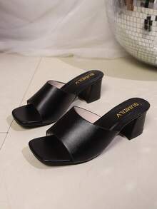 Sandalias de tacón alto para mujer, tacón grueso y diseño de punta abierta, zapatillas elegantes y sexys de piel sintética (PU) - Negro - Ver 6