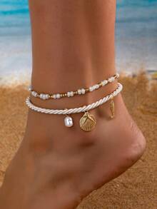 2pcs Boho Style Minimalist Bead Woven Sea Life Theme Anklets (Random Position) - Yellow Gold - View 1