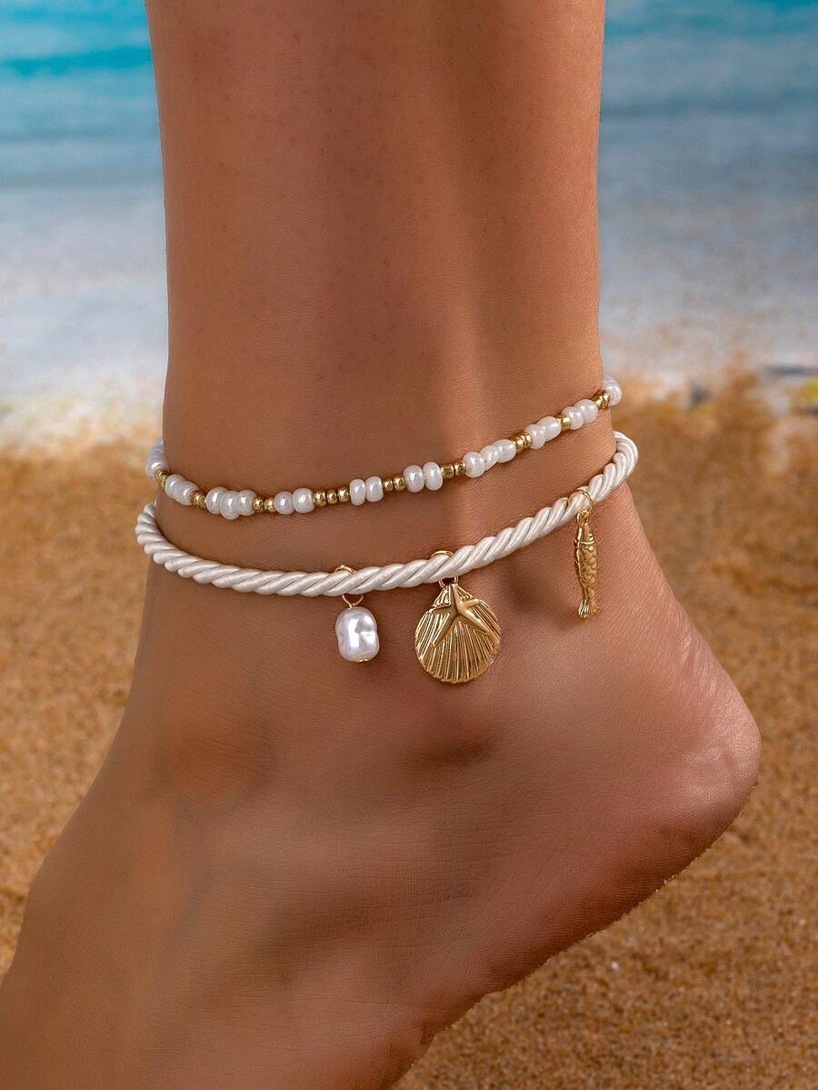2pcs Boho Style Minimalist Bead Woven Sea Life Theme Anklets (Random Position) - Yellow Gold - View 1