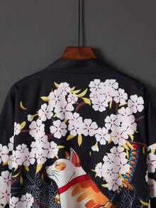 Retro Japan Style Loose 3/4 Sleeve Cat Samurai & Cherry Blossom Print Kimono Cover Up, Summer Beach Vacation Cover Up Robe