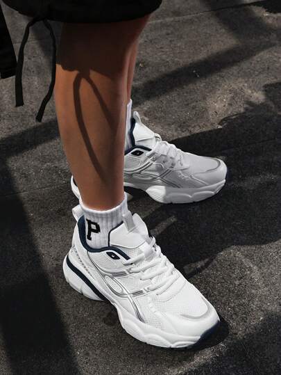 1 Pair Sports Graphic Mesh Splice Unisex Sneakers, Fitness Gym Vintage Thick Sole Chunky Sneakers, Breathable Lightweight Casual Running Shoes, Suitable For Men And Women