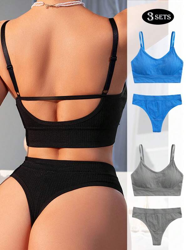 Set de 3 piezas de sujetador sin costuras y calzones para mujer, ropa interior deportiva transpirable y cómoda, minimalista para todas las estaciones