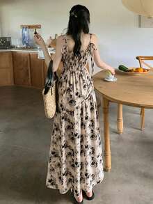 女士玫瑰花卉褶裥中长连衣裙，法式收腰设计，夏季新品系列 - 杏色 - 查看 8