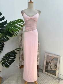 Women's Sexy Spaghetti Strap Long Dress Elegant Sheer Mesh Cutout Sleeveless Backless Ribbed Bodycon Maxi Dresses - 粉色 - 查看 10