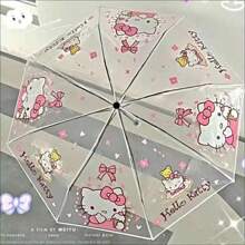 Sanrio مظلة صغيرة قابلة للطي تلقائيًا من سانريو ب- 8 عيدان من الحديد ، بتصميم كرتوني عصري ، غطاء من البلاستيك و مقبض ، مظلة شفافة قابلة للطي مزخرفة بطباعات الشخصيات الكرتونية ، مناسبة للصيف والشاطئ والسفر