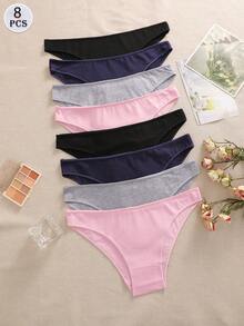 8 piezas/paquete Bragas básicas de algodón para mujer, unicolor suave, adecuadas para todas las estaciones y deportes - Multicolor - Ver 4